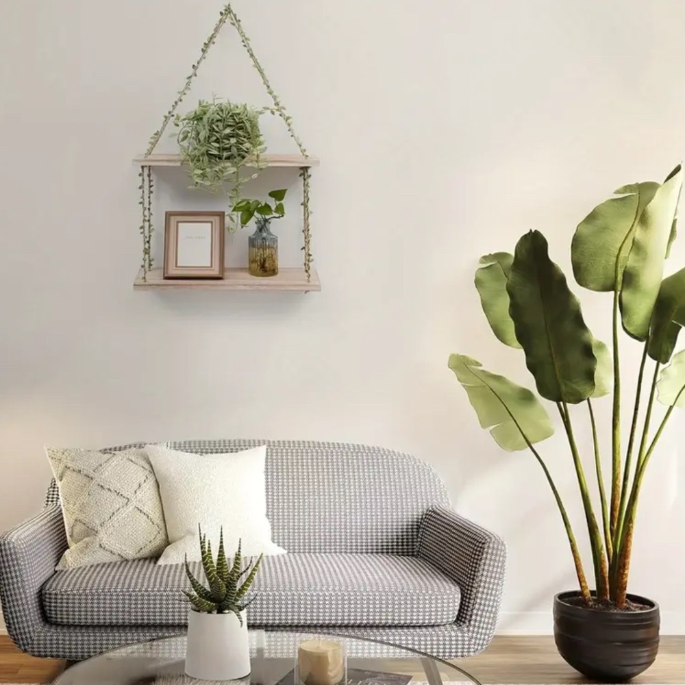 NEW! Two Tier Macramé Wall Decor Shelf with Faux Ivy Crawlers! - Picture 4 of 6